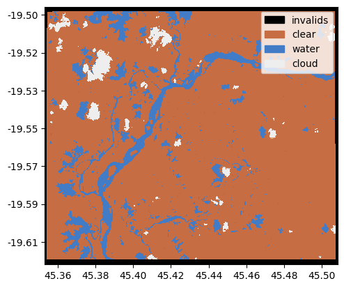 Land cover classification map showing water, cloud and land areas
